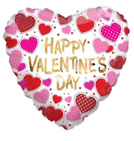 Heart-shaped balloon with colorful hearts and 'Happy Valentine's Day' text on a white background